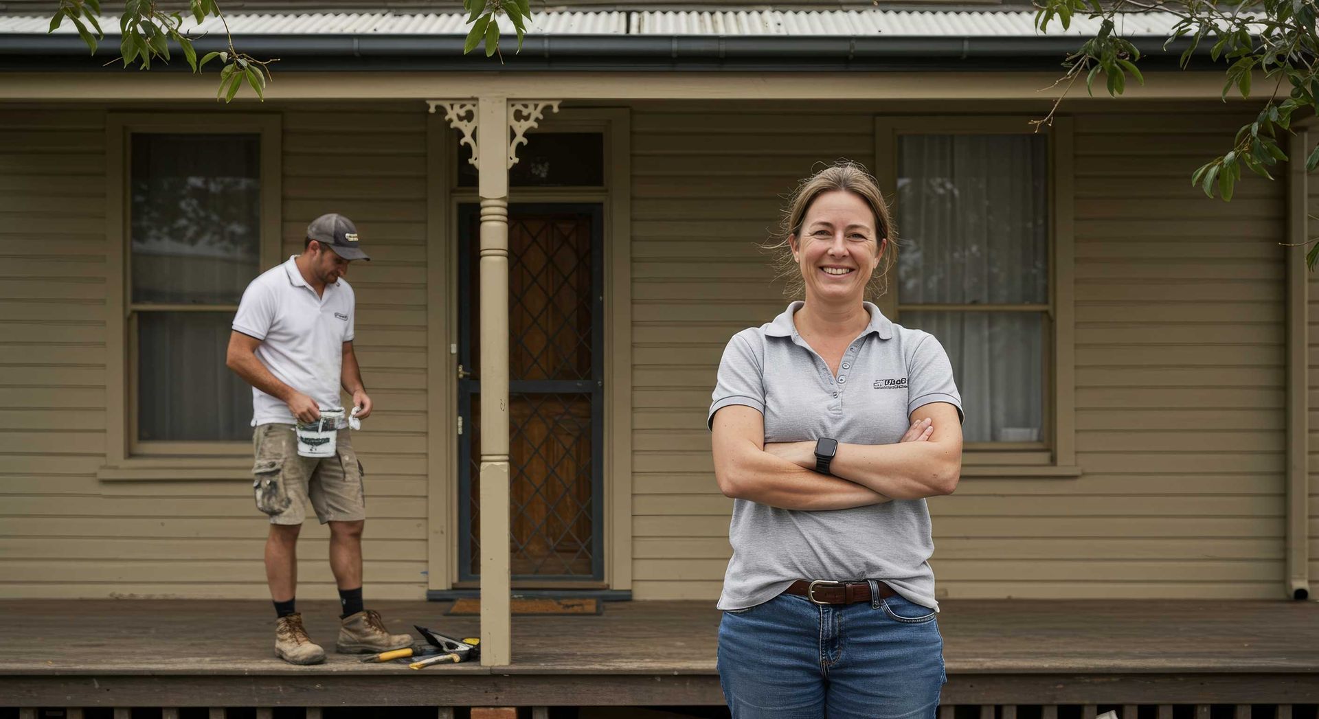 Happy Customer Standing Proudly Outside Freshly Painted Weatherboard Home in Gladstone by Gladstone Painters