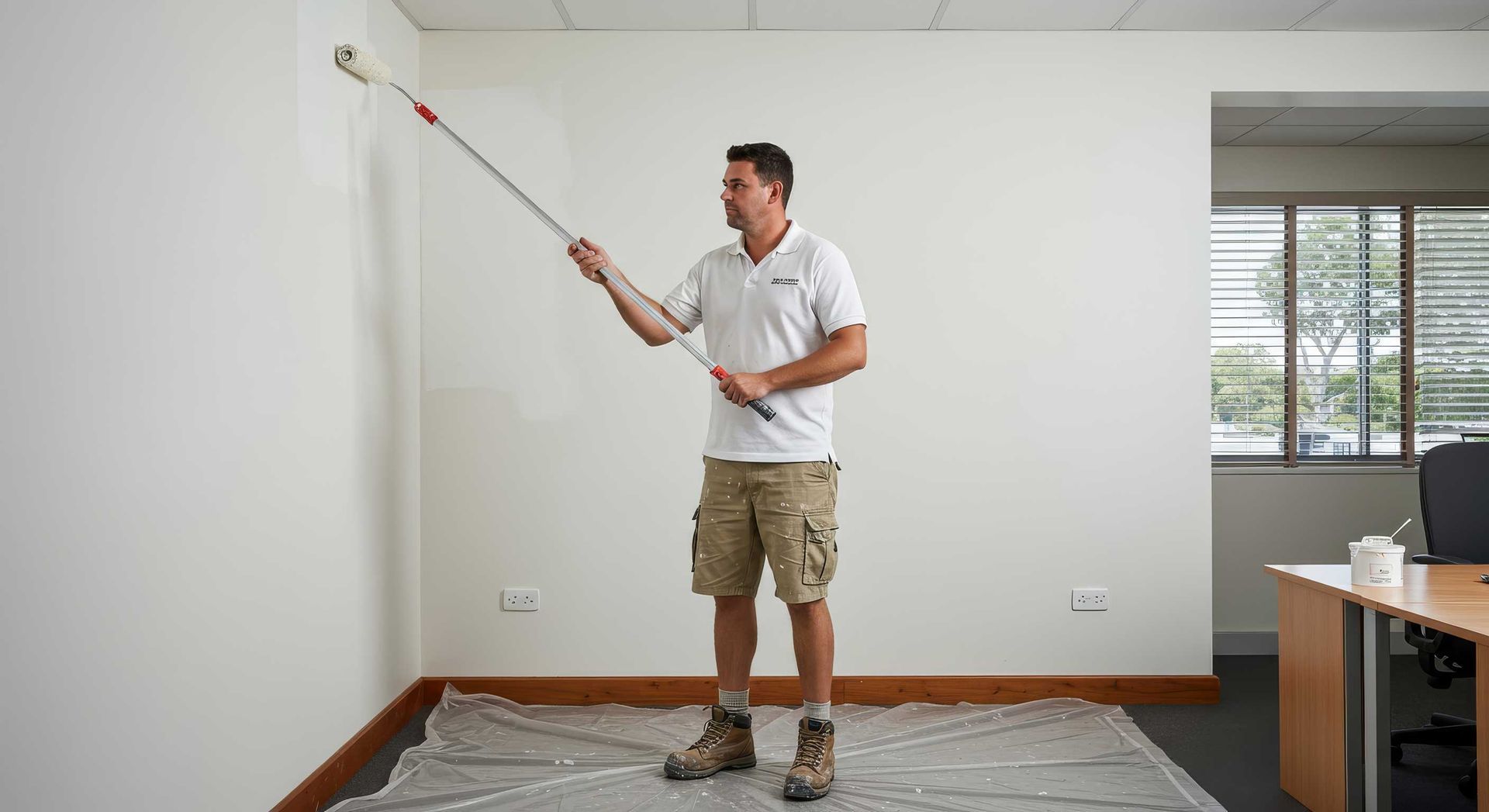 Interior Painter Preparing Office Wall for Repaint in Gladstone