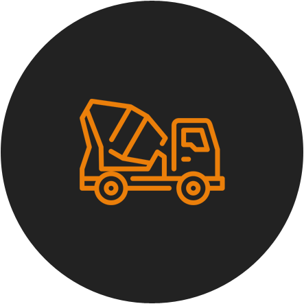 A concrete mixer truck icon in a circle on a black background.