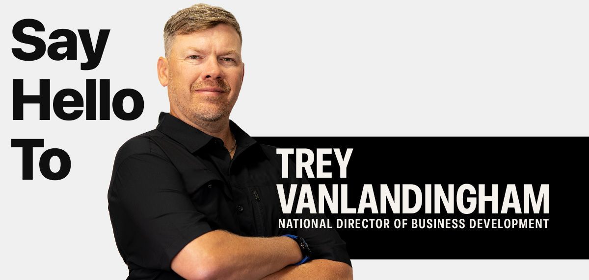 Trey VanLandingham in a black shirt beside “Say Hello To” text on a white background