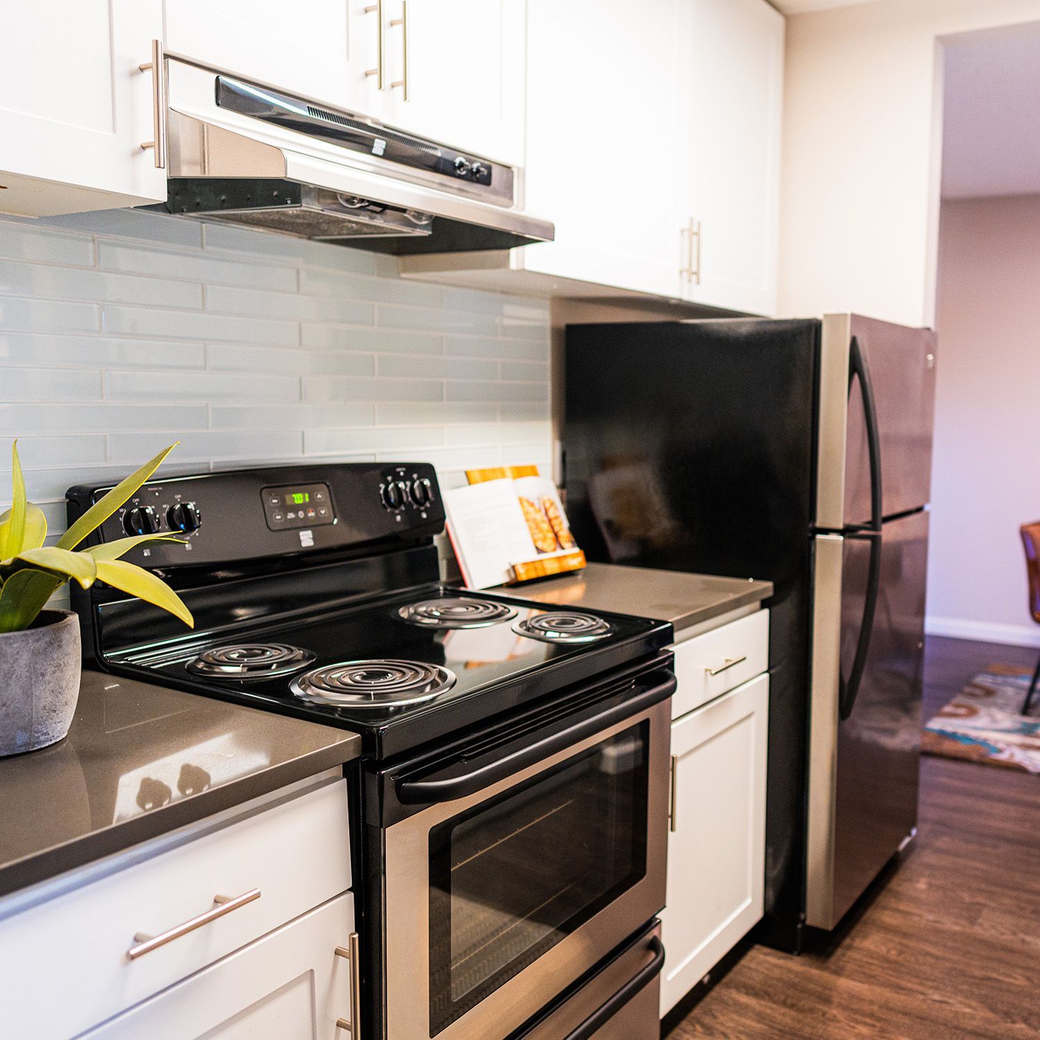 Kitchen with stainless steel appliances, white cabinets, and gray countertops; plant in pot.