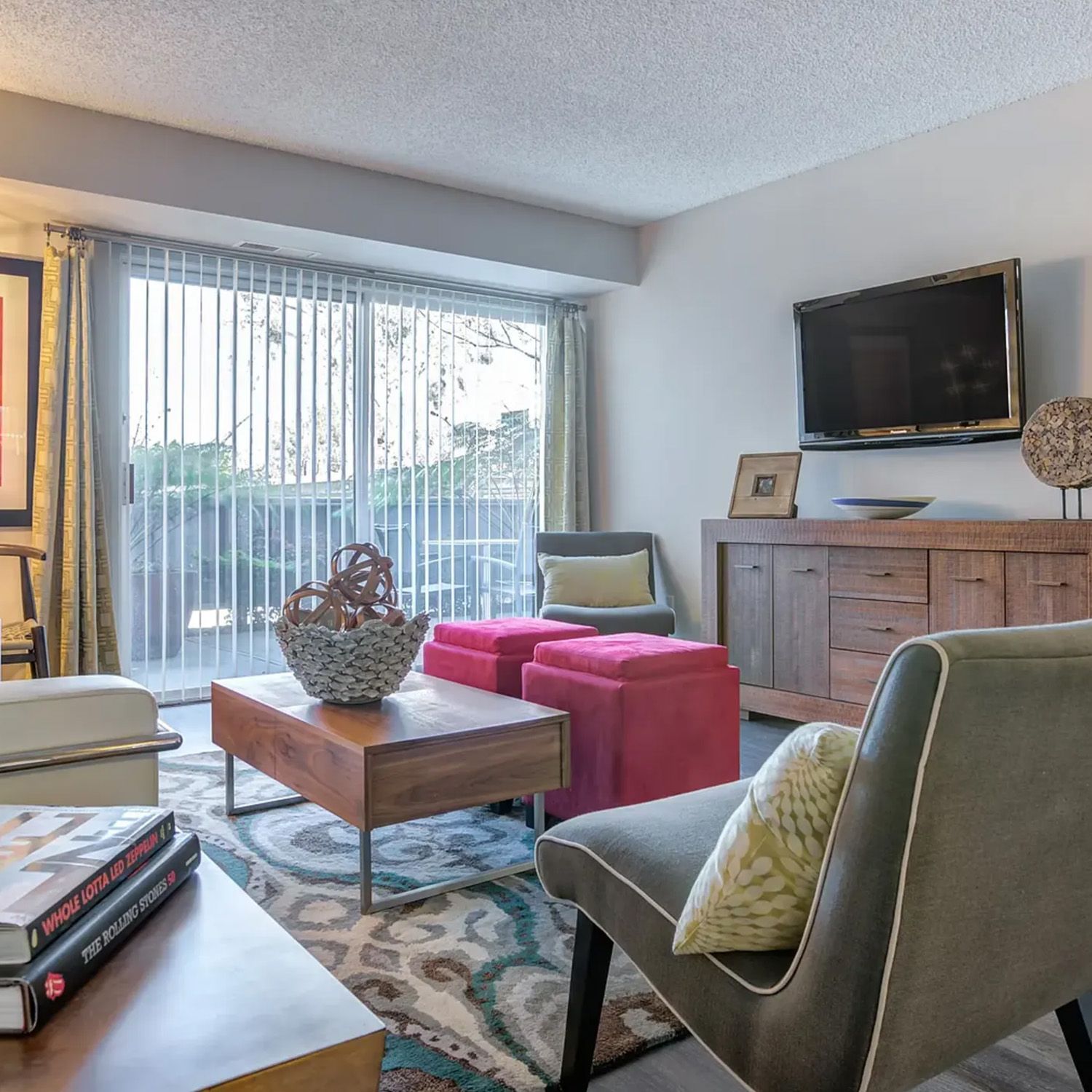 Cozy living room with sliding door, TV, wooden cabinet, and patterned rug.