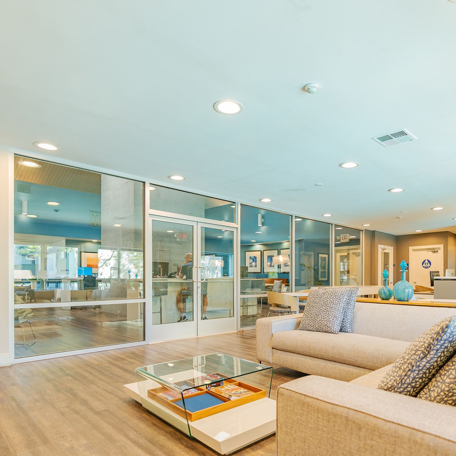 Modern waiting room with couches, glass walls, and a view of an office.