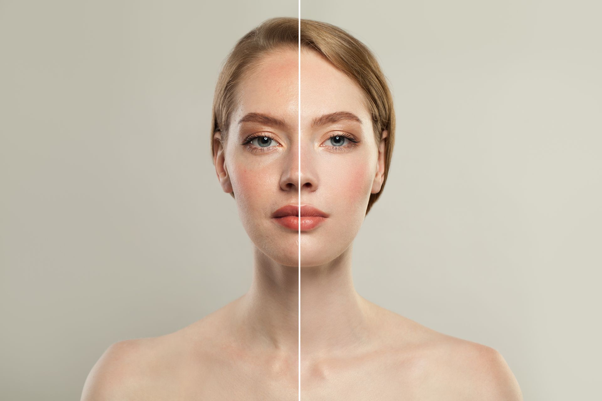 a before and after photo of a woman 's face .