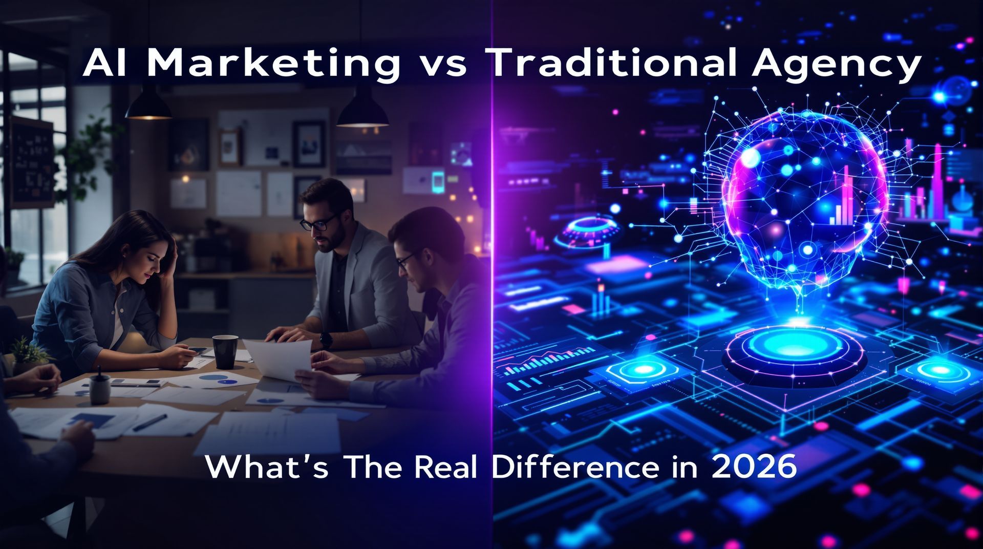 AI Marketing vs Traditional Agency comparison in 2026 — split image showing traditional agency 