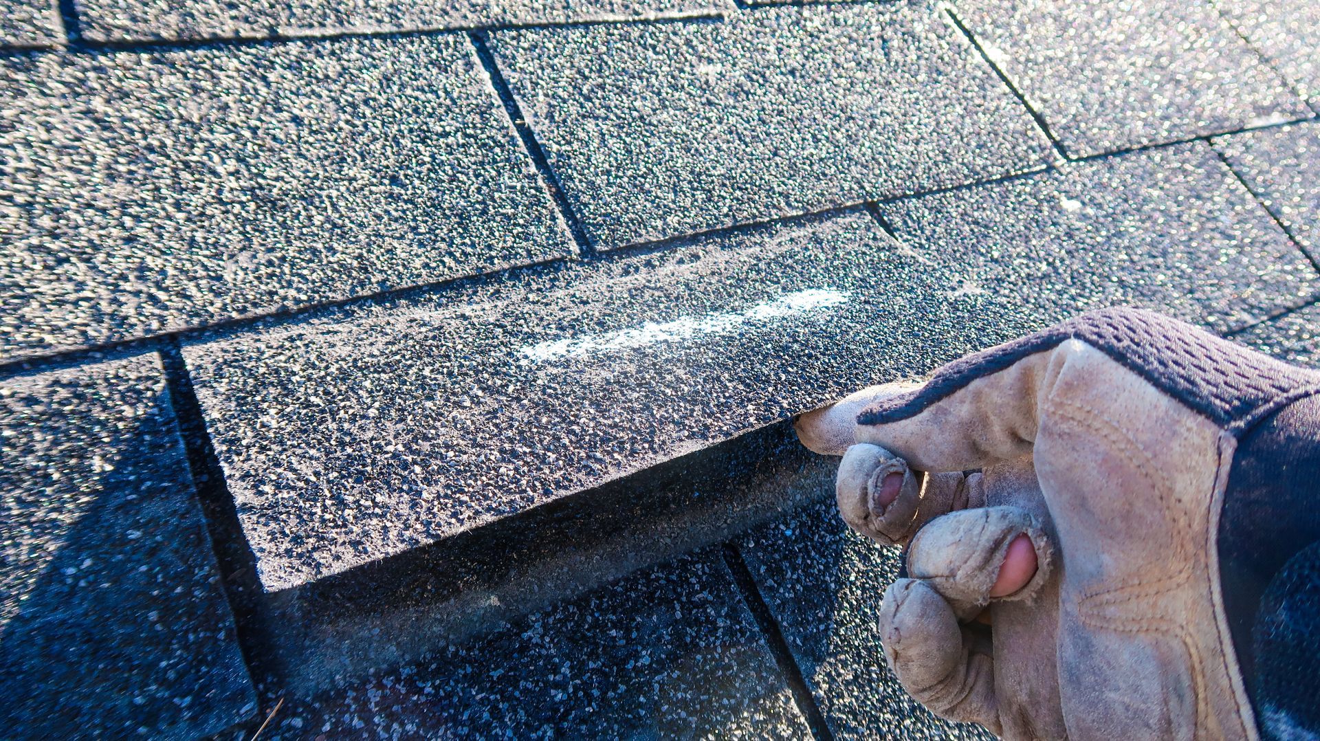 Gloved hand lifting asphalt roof shingle. The roof is weathered with a white streak on the shingle.