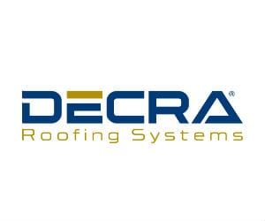 DECRRA Roofing Systems logo: blue and gold text on a white background.
