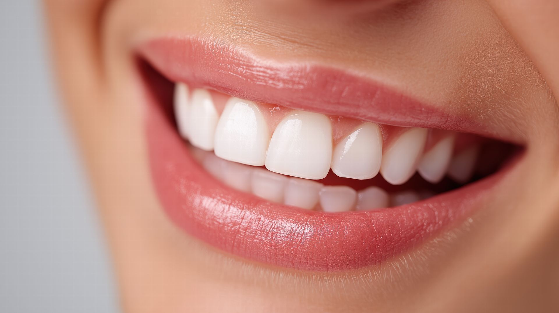 Close-up of a radiant smile, highlighting perfectly white teeth, after a tooth whitening treatment.