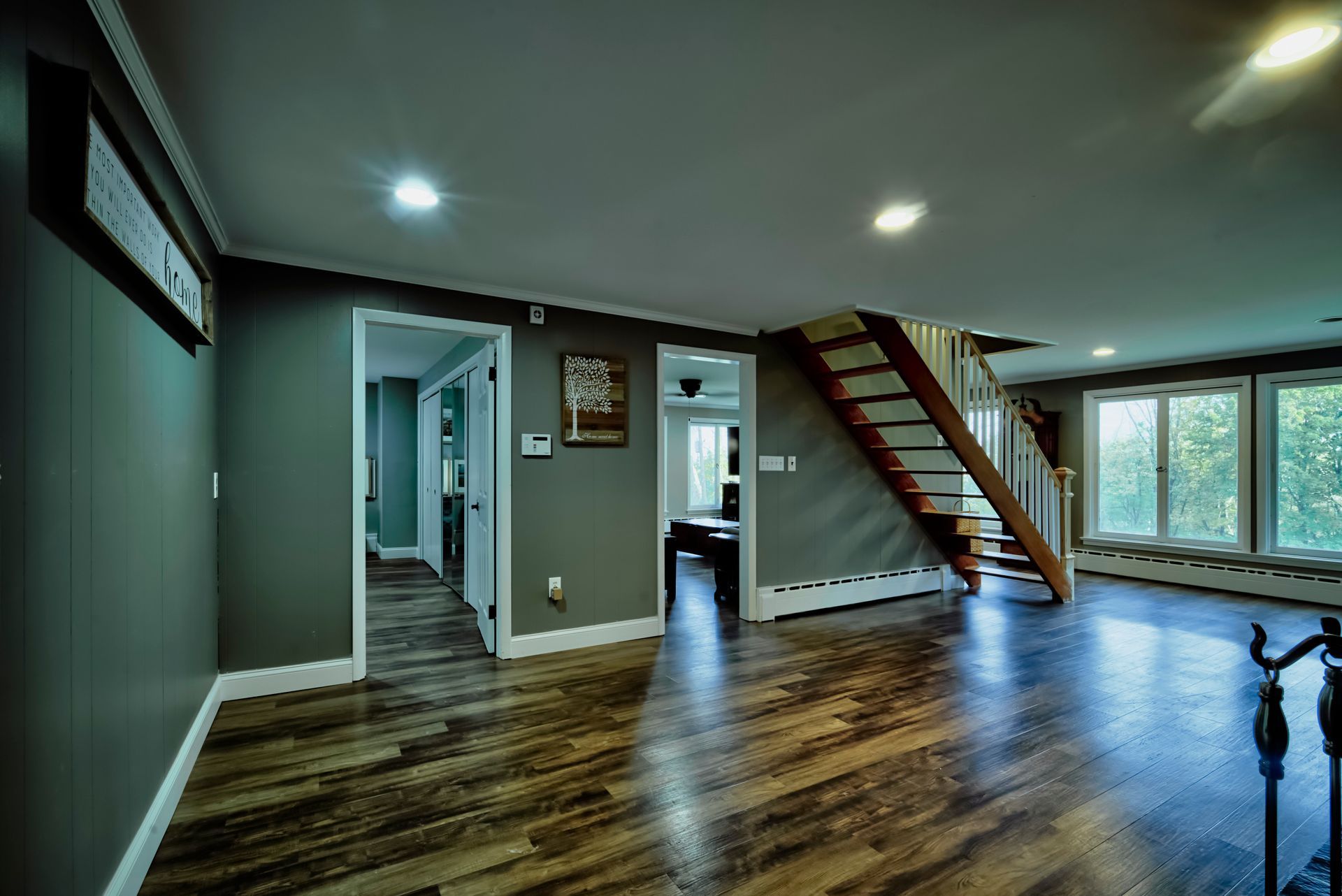 There is a staircase in the middle of the room.