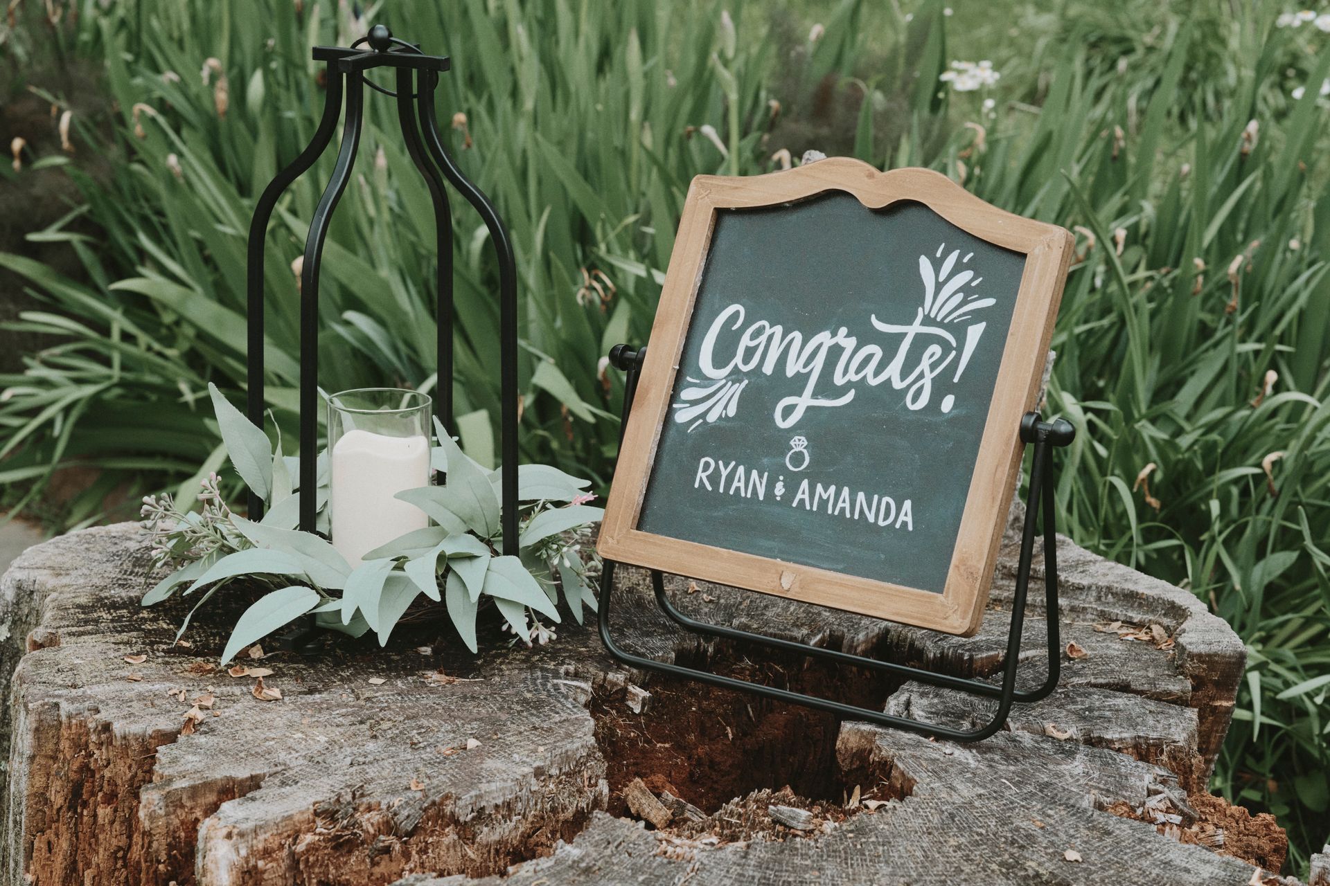 A sign that says `` congratulations '' is sitting on top of a tree stump.