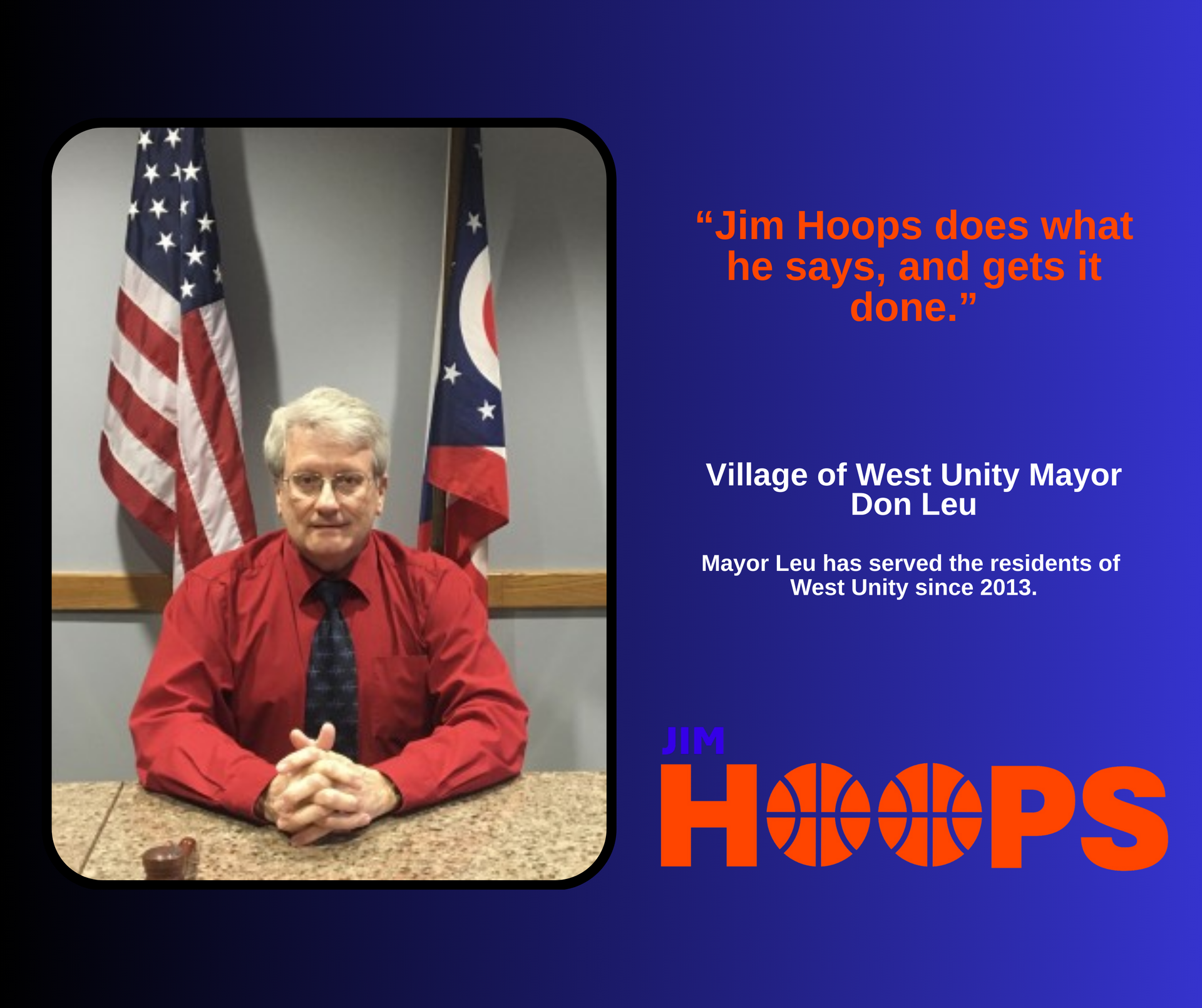 Village of West Unity Mayor Don Leu Endorsement Jim Hoops for State Senate