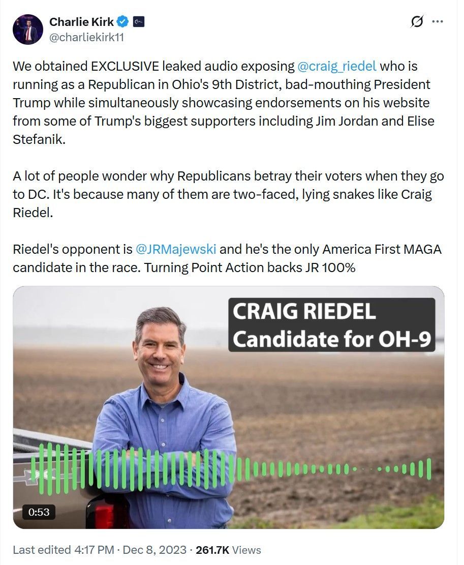 Charlie Kirk Calls Craig Riedel a two faced lying snake
