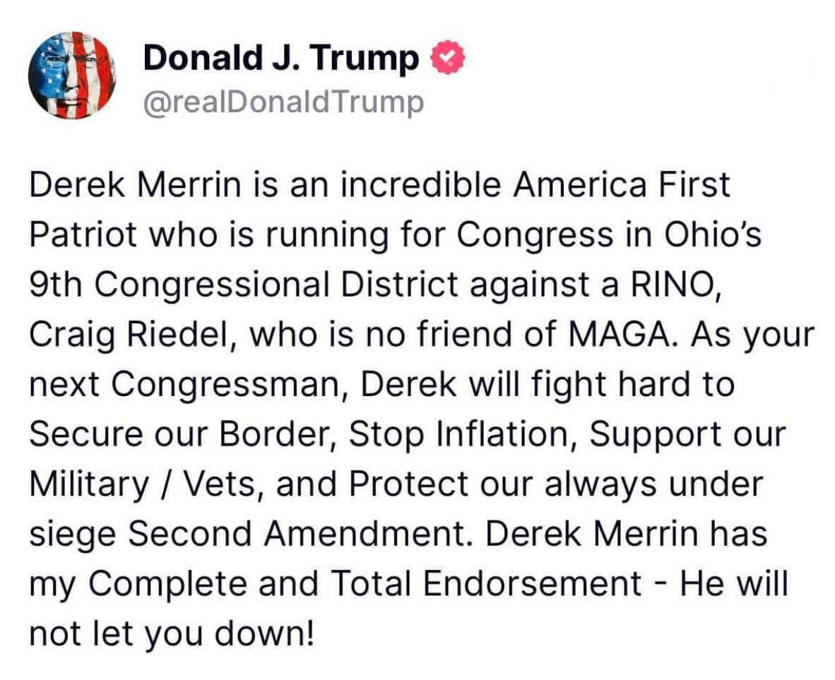 President Trump Truth Social Post about Craig Riedel No Friend of MAGA