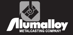 Logo for Alumalloy Metalcasting Company, featuring a silver square with a metal casting graphic