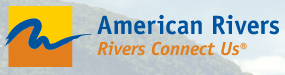Logo of American Rivers, with a blue river-like shape over a yellow and orange square; text “American Rivers”