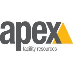 Apex Facility Resources logo, dark gray text with a yellow triangle icon.