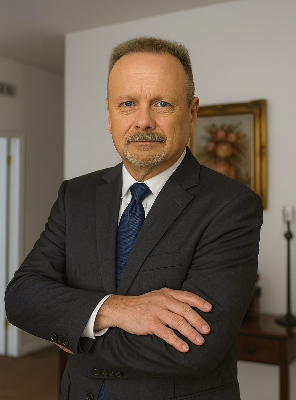 Peter Hitschler smiles, wearing a dark blazer and blue tie, in an office setting.