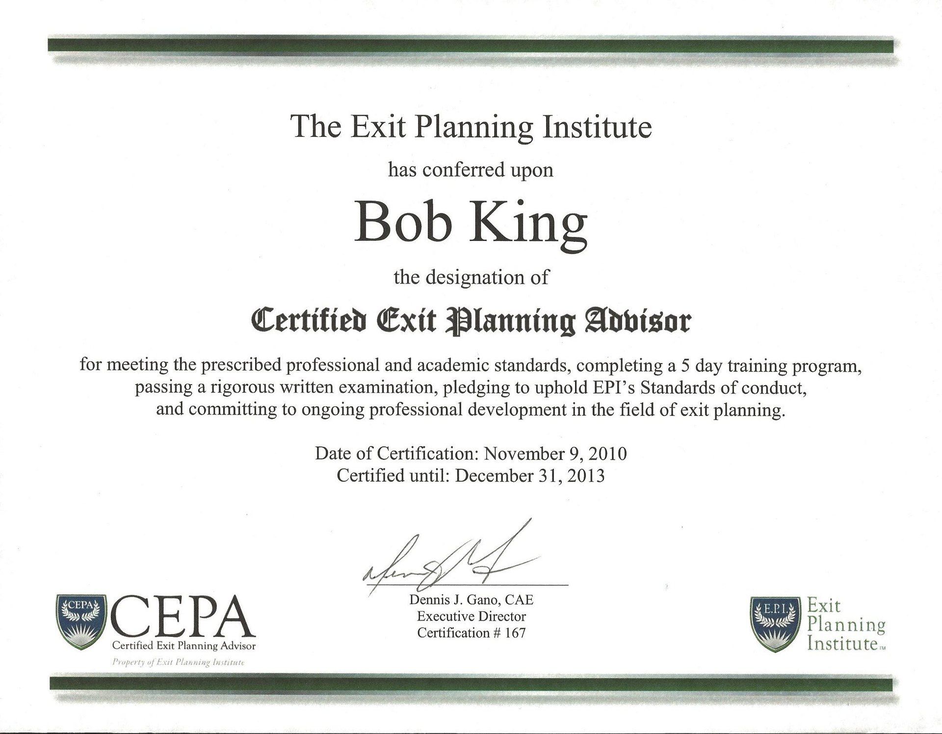 Certificate naming Bob King as a Certified Exit Planning Advisor.
