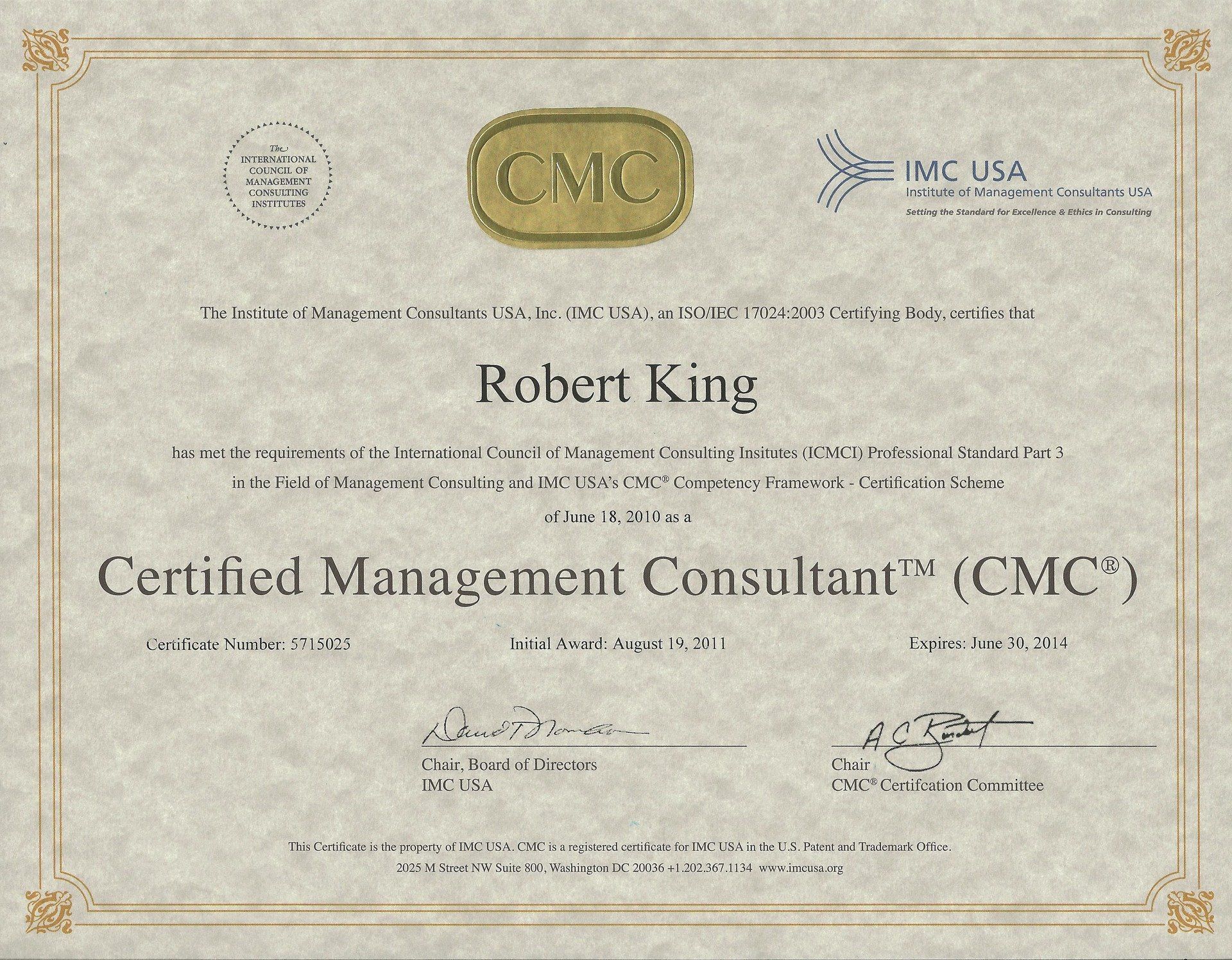 Certificate for Robert King, Certified Management Consultant (CMC).