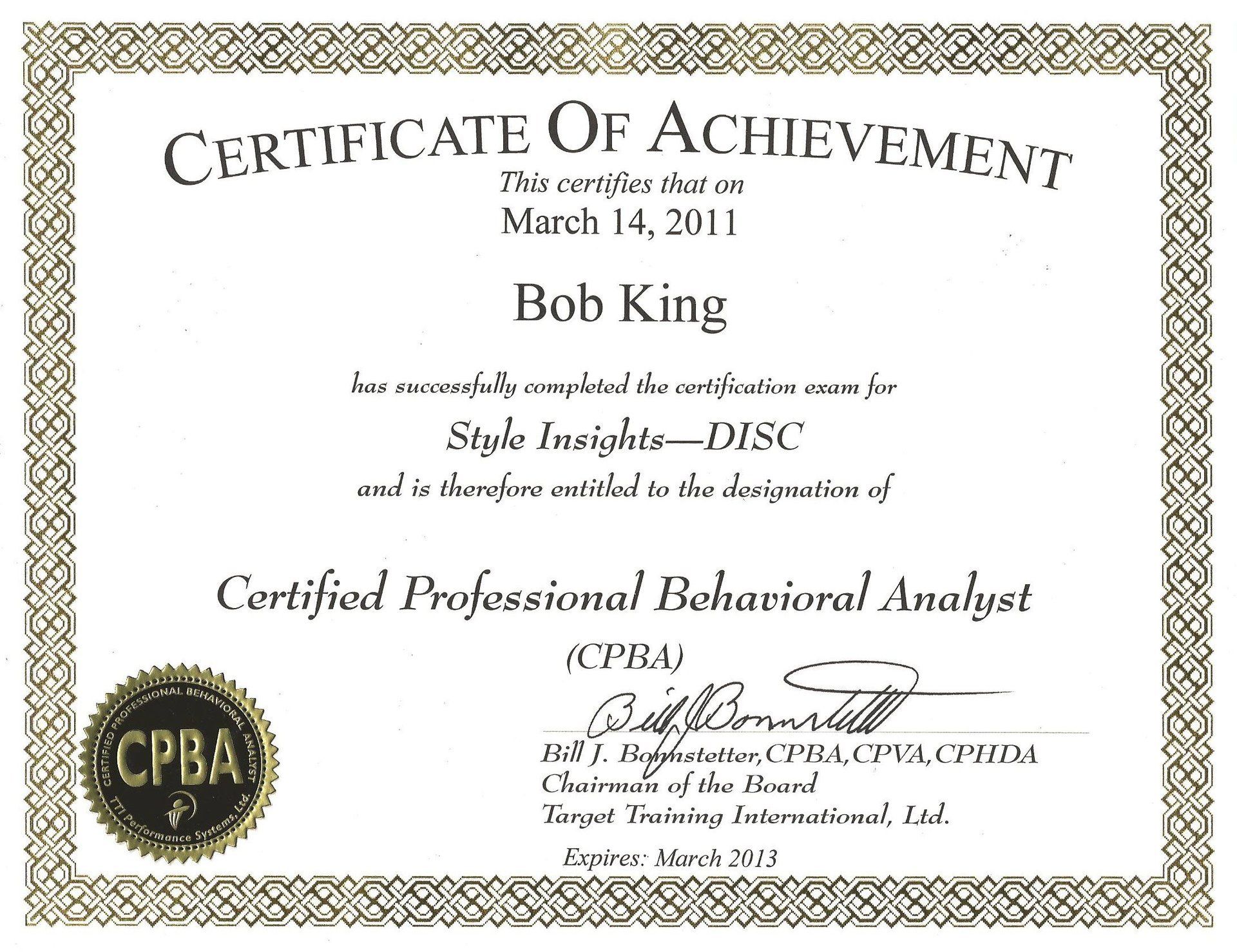 Certificate of Achievement for Bob King, Certified Professional Behavioral Analyst, Style Insights