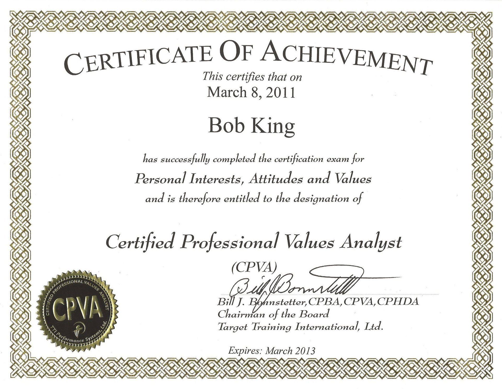 Certificate of Achievement for Bob King, dated March 8, 2011, for Personal Interests, Attitudes, and Values