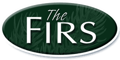 Logo for The Firs in white text on a green oval, grass-like background. 