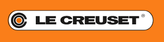 Le Creuset logo on orange background.