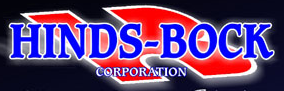Logo for Hinds-Bock Corporation. Blue text with white outline over a red design. “Corporation” in smaller text below.