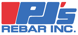 Logo of PJ's Rebar Inc. with a red and blue design.