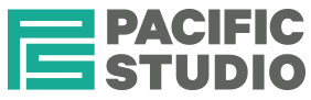 Logo for Pacific Studio: Teal stacked letters 