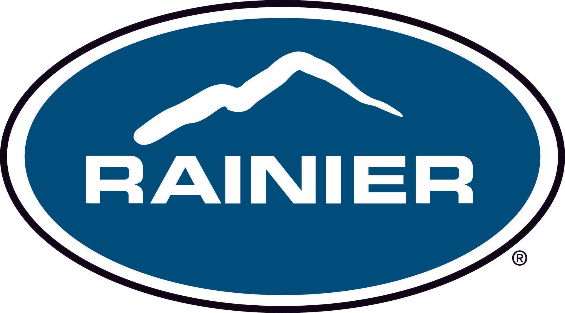 Logo for Rainier beer: white mountain silhouette above the name 