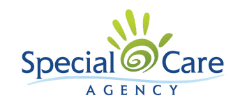 Logo for Special Care Agency: a green hand design with blue text.