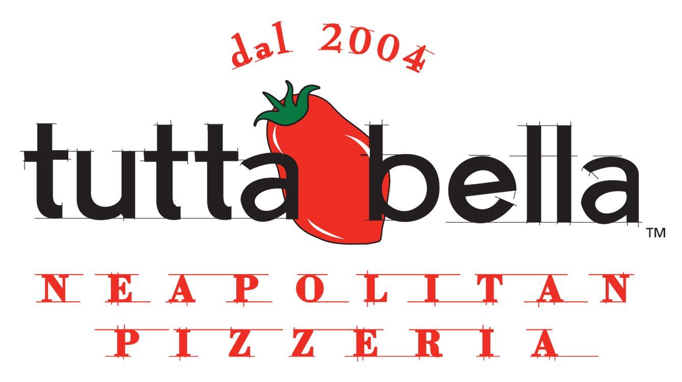 Tutta Bella logo with text and tomato illustration. 
