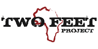 Logo for Two Feet Project, text above a stylized African continent graphic in red, 