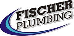 Fischer Plumbing logo with text on a blue, swoosh-shaped graphic.