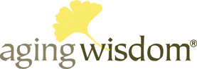 Aging Wisdom logo with a yellow ginkgo leaf and brown text.