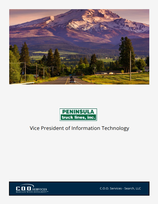 Road leading to a mountain, Peninsula Truck Lines logo.