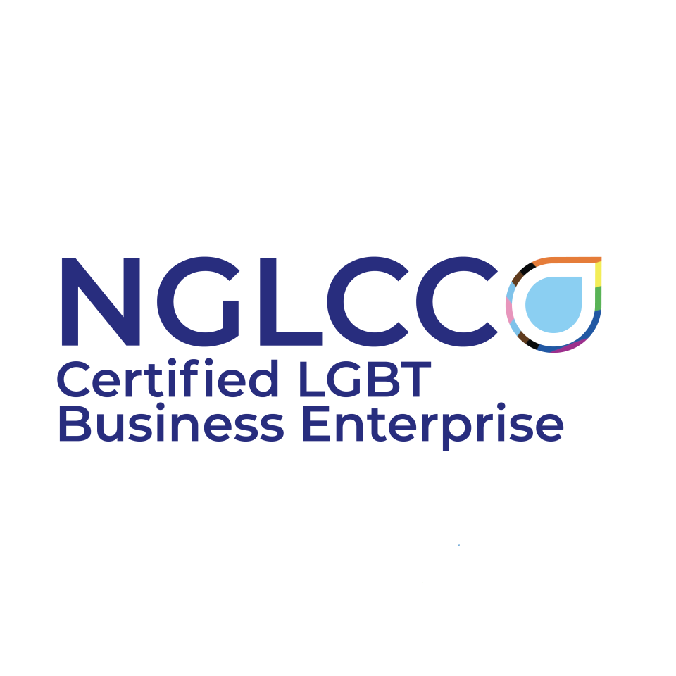 NGLCC Certified LGBT Business Enterprise logo: blue text on white with rainbow droplet graphic.