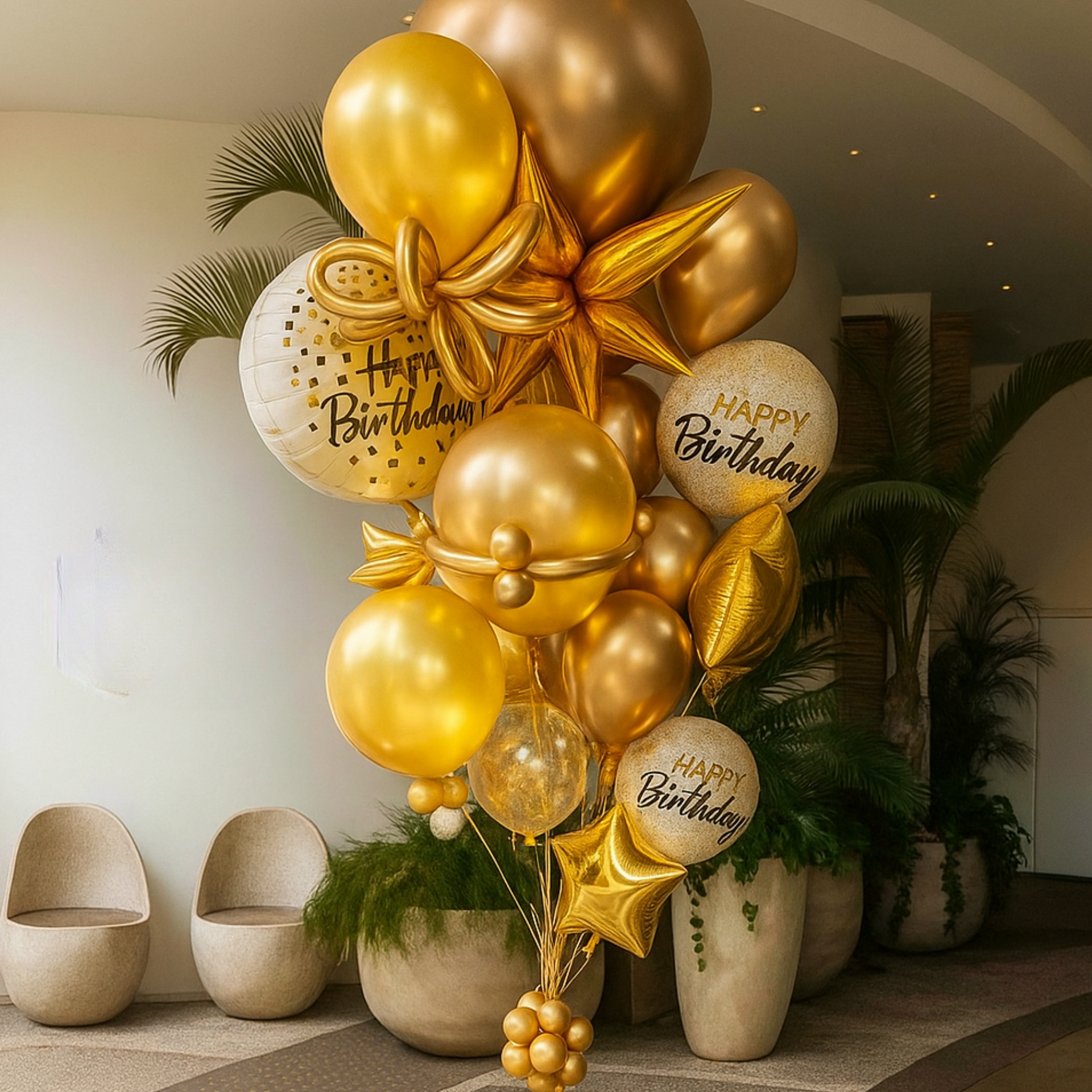 A bunch of gold balloons are sitting on the floor in front of a building.