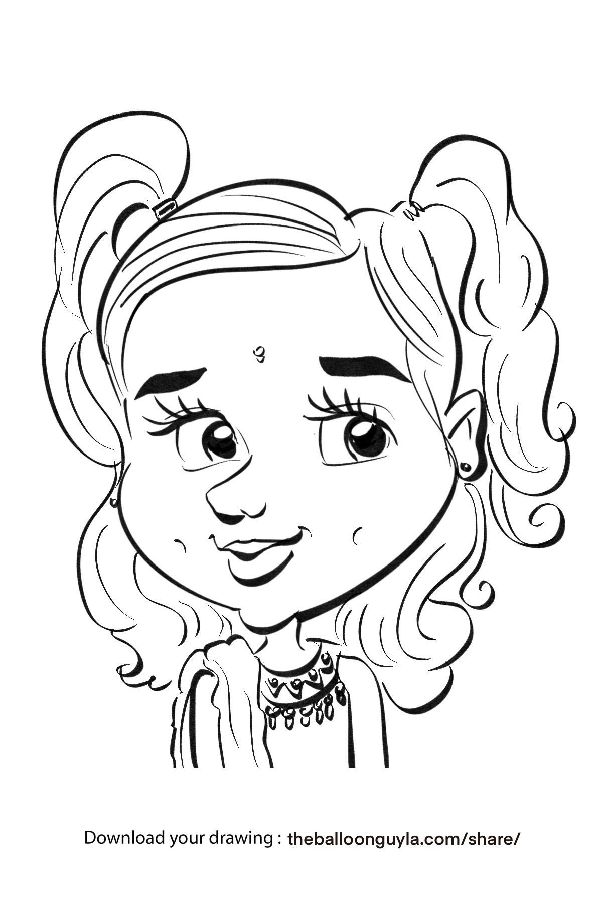 A black and white drawing of a girl with pigtails.