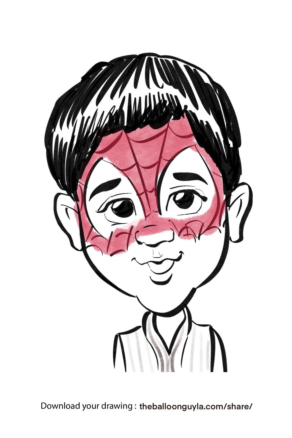 A black and white drawing of a boy with a spiderman mask on his face.