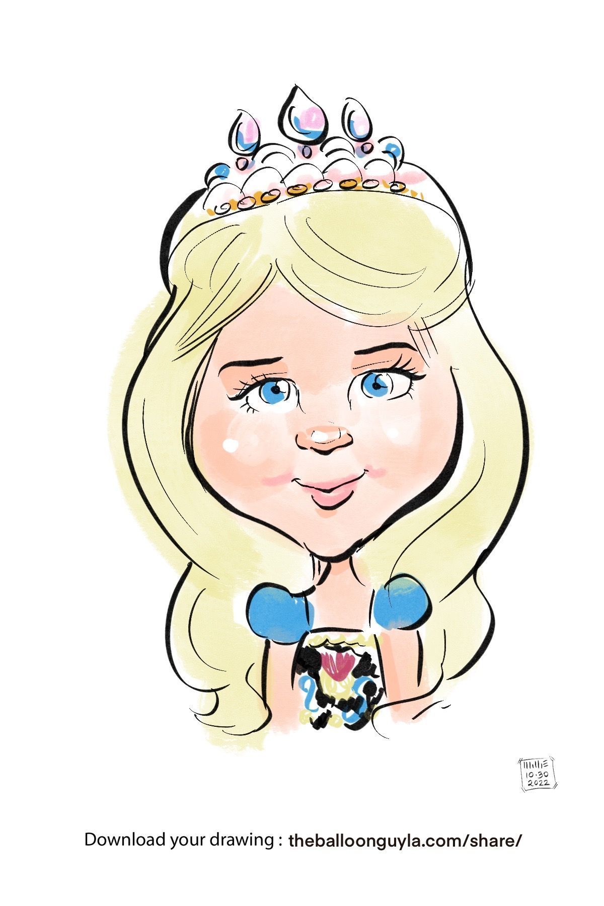 A cartoon drawing of a princess wearing a tiara.