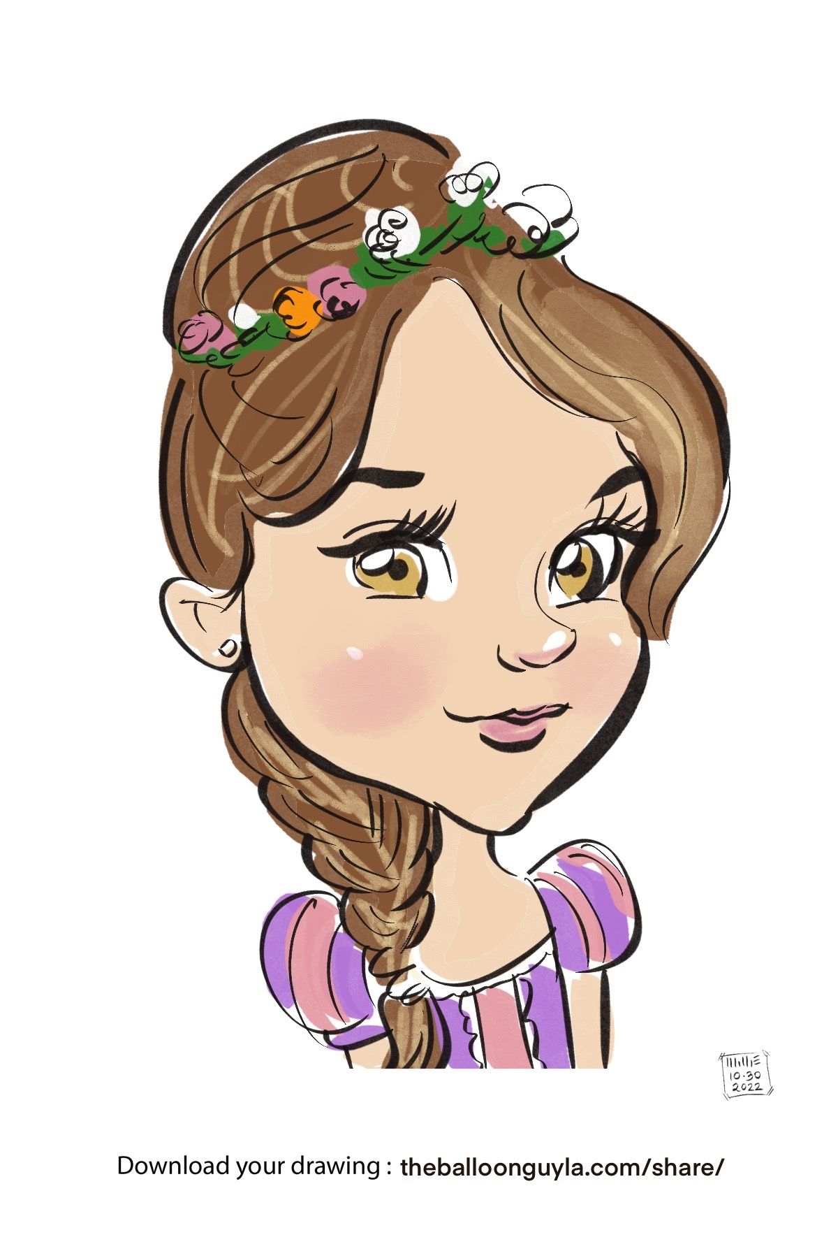 A cartoon drawing of a girl with flowers in her hair.