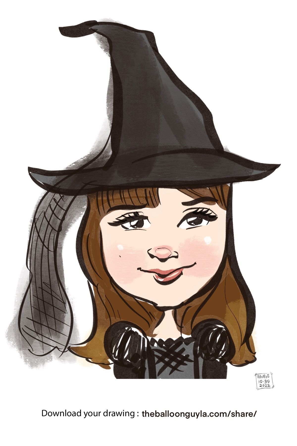 A cartoon of a woman wearing a witch hat and scarf.