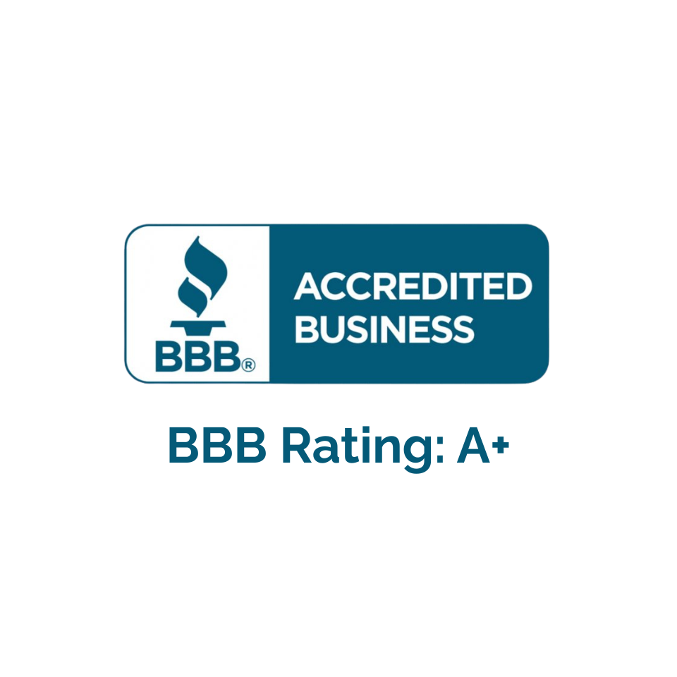 BBB Accredited Business logo with rating A+. Blue and white design.