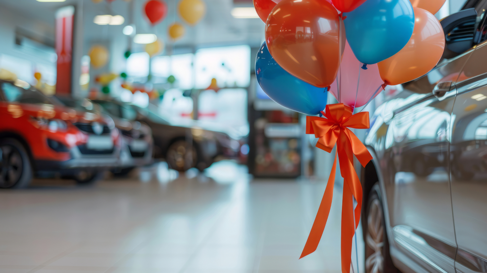 A car is decorated with balloons and a bow in a car showroom.