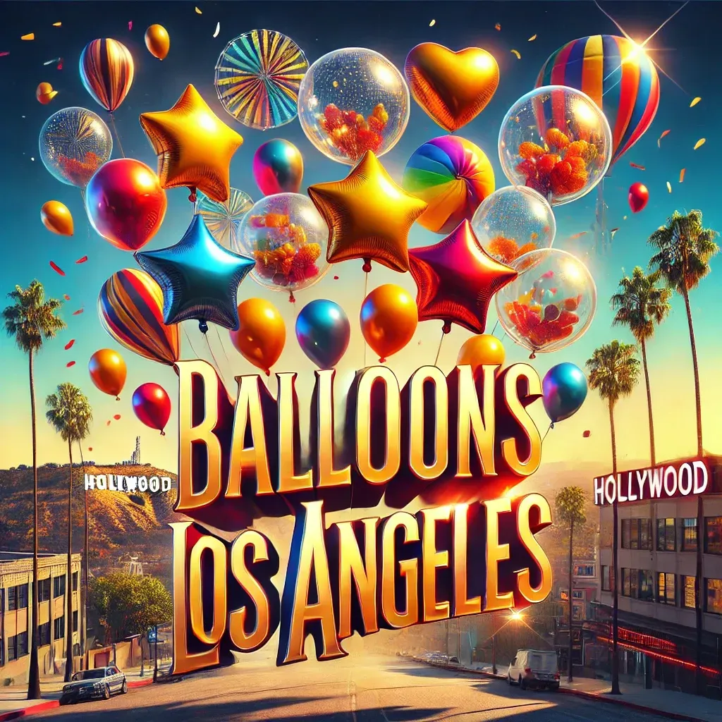 A poster for balloons los angeles with balloons floating in the air