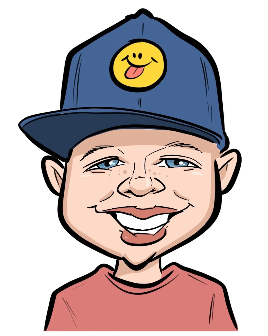 A cartoon of a boy wearing a hat with a smiley face on it