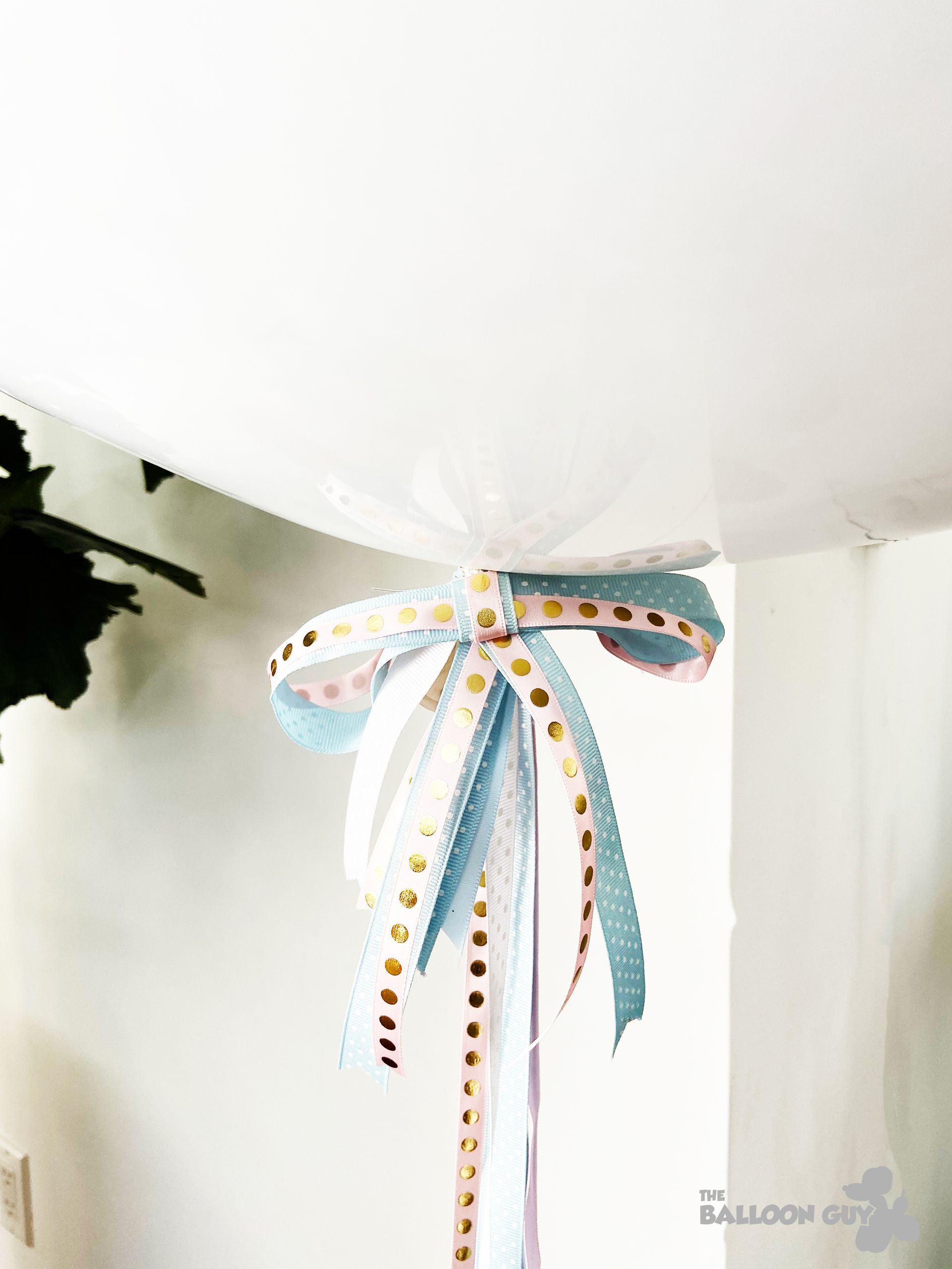 A white balloon with a blue and gold bow is hanging from the ceiling.