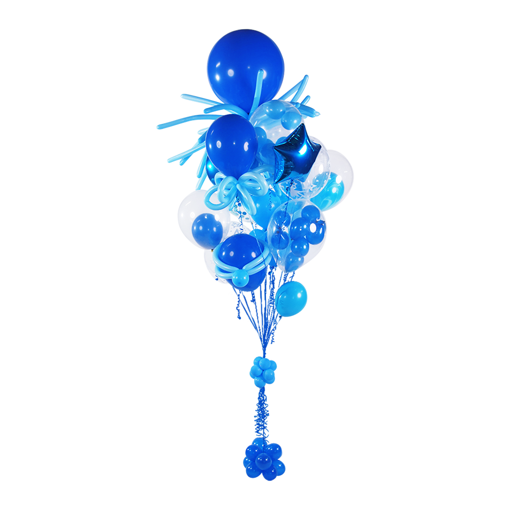 A bunch of blue balloons on a white background